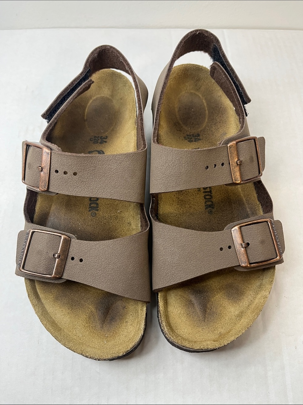 Birkenstock Kids Two-Strap Sandals in Brown with Copper Buckles